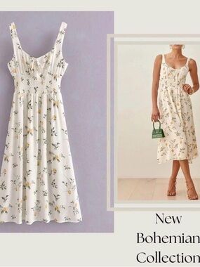 Sincerely Jules Cream Floral Smocked Midi Dress with Yellow Accents